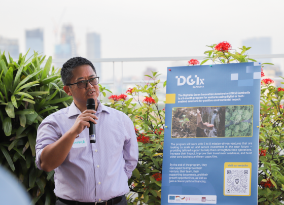 Impact Hub Phnom Penh's Business Acceleration Lead, Rithya S. Tang, speaks about the program at a DGIx event in February 2025.