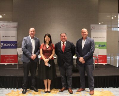Vanseka Sok, Managing Partner at Sok Siphana Sethalay; Charles Geschke, Group Director at Worldbridge Food Industries; Stephane Pariente, Chief Retail Business Officer at Wingshop; and Patrick Davenport, Director at BRM Agro and Moo Moo Dairy Farm, at the International Business Chamber Cambodia (IBC) Domestic Trade and Export Forum, Hyatt Regency Phnom Penh, January 28, 2026.