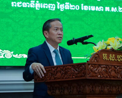 Bou Chanphirou, Director General of IRC, speaks at a dissemination seminar on ‘Cambodia Strategic Development Plan for Insurance Sector 2025-2030’ in Phnom Penh yesterday. IRC