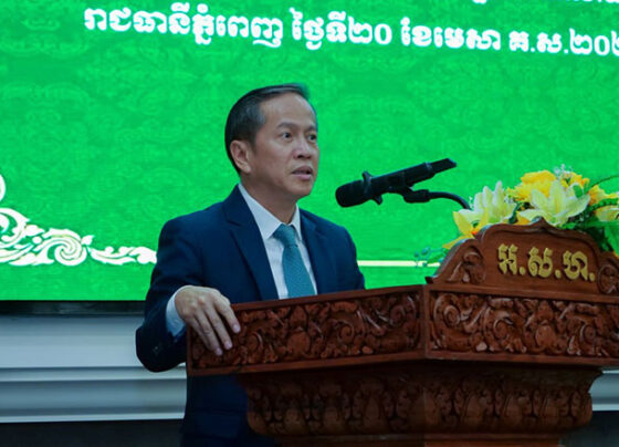 Bou Chanphirou, Director General of IRC, speaks at a dissemination seminar on ‘Cambodia Strategic Development Plan for Insurance Sector 2025-2030’ in Phnom Penh yesterday. IRC