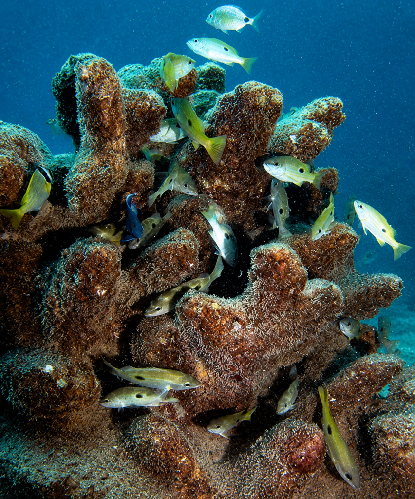 Figure 2. A D-Shape 3D-printed reef unit eight months after deployment, demonstrating rapid marine colonisation and fish aggregation