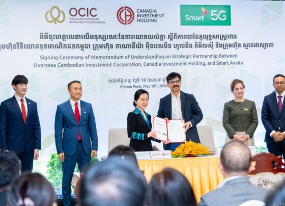 Smart Axiata and Canadia Group, including OCIC and CIH, during the signing of an MoU to advance digital transformation, connectivity, and technology-driven collaboration across Canadia’s business portfolio at Connexion, Phnom Penh, on May 18, 2026.