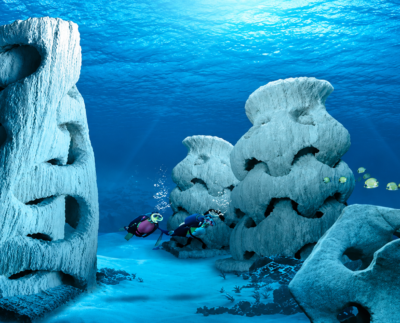 Figure 1 The SEA Ocean Gallery underwater collection, Koh Karang, Cambodia; where commissioned artworks become living coral reefs.