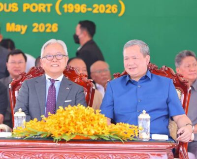 Prime Minister Hun Manet (R) and outgoing Japanese Ambassador to Cambodia Ueno Atsushi (L) attend the 30th anniversary of Japan’s cooperation with the Sihanoukville Autonomous Port. Photo: Ministry of Public Works and Transport
