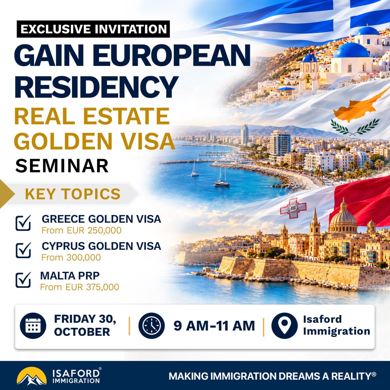 Isaford Immigration to Host European Residency and Property Investment Seminar Focusing on Greece, Cyprus and Malta on October 30